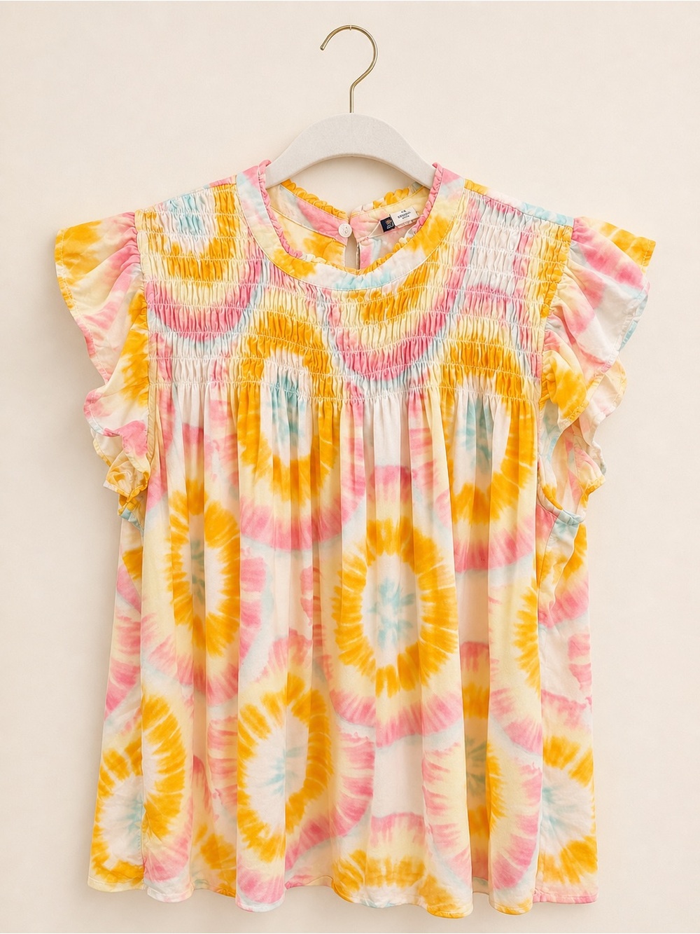 Crown & Ivy Pastel Tie Dye Smocked Blouse | Flutter Sleeve Boho Top